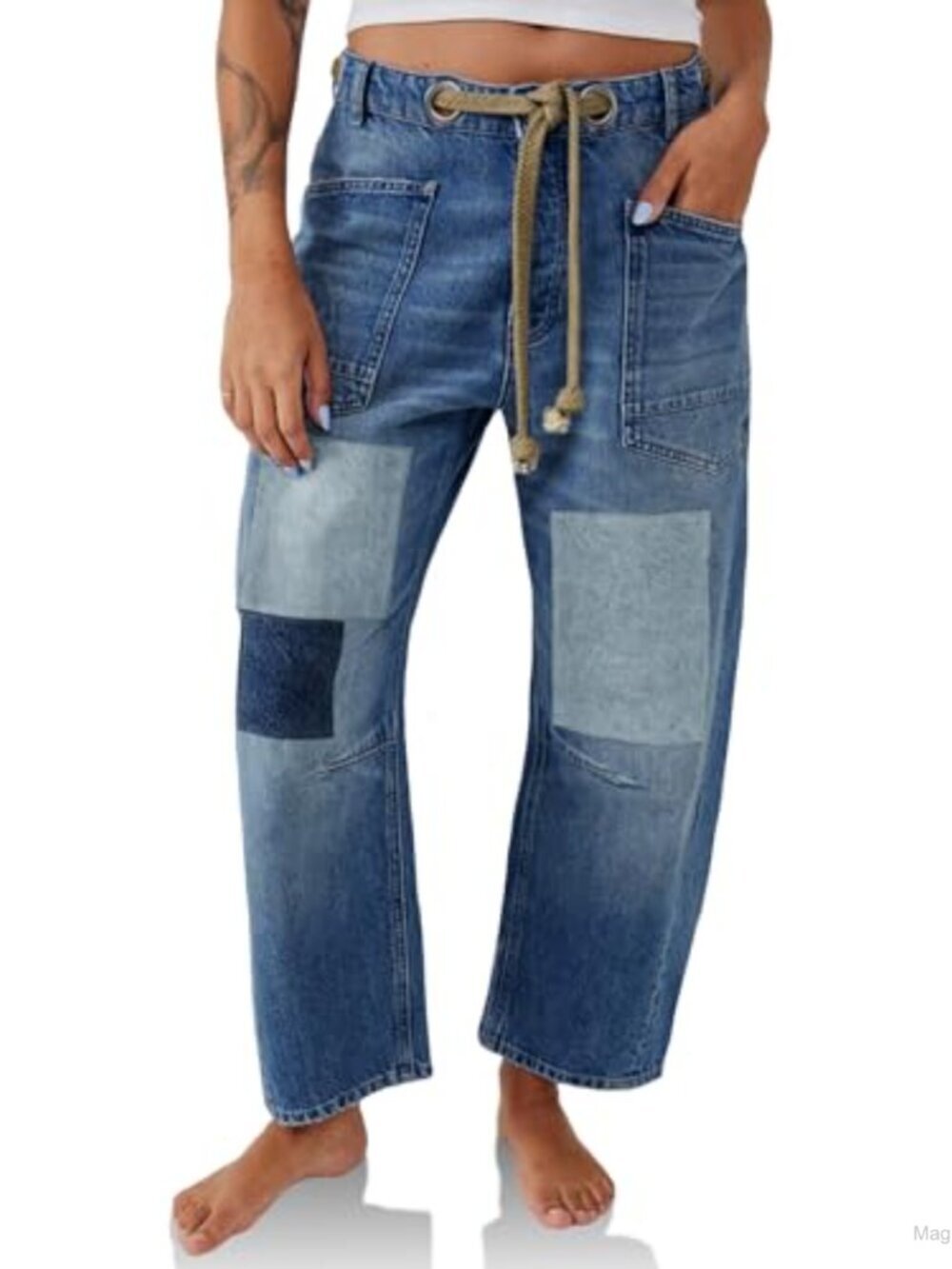 Baggy Barrel Horseshoe Jeans Wide Leg Patchwork Low Rise Denim Pants with